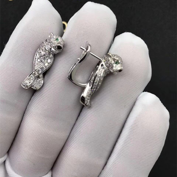 Panthere de Cartier Earring Customized 18K White Gold,Emerald Eyes,Lacquer Noses and Full Diamonds Paved