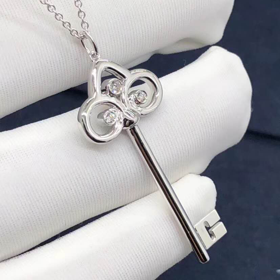 Customize Tiffany Fleur de Lis Key Pendant Necklace set with Diamonds in 18K White Gold