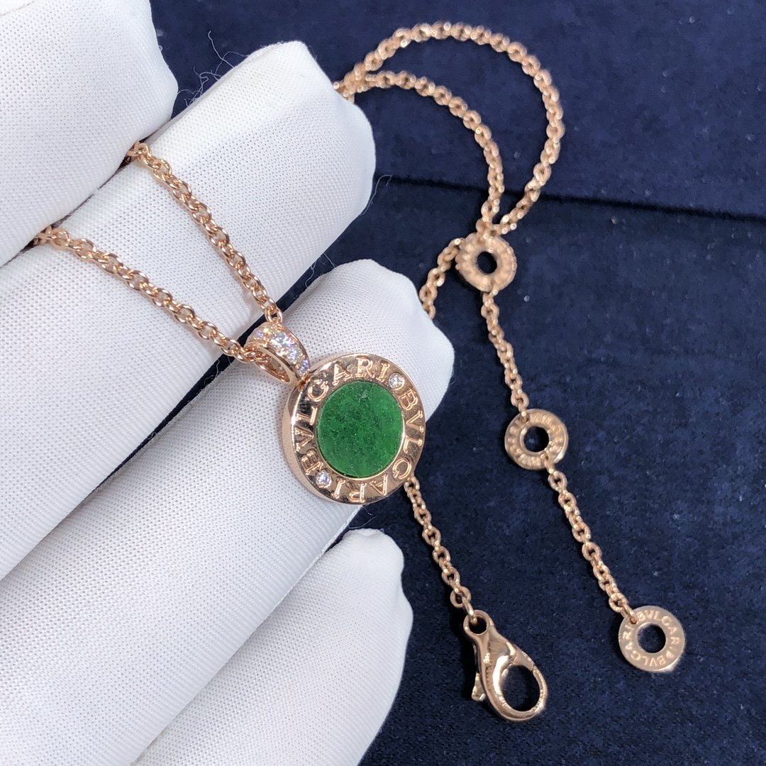 Bvlgari Bvlgari Necklace Custom Made in 18K Rose Gold Chain and 18K Rose Gold Pendant set with Green Jade and Pavé Diamonds