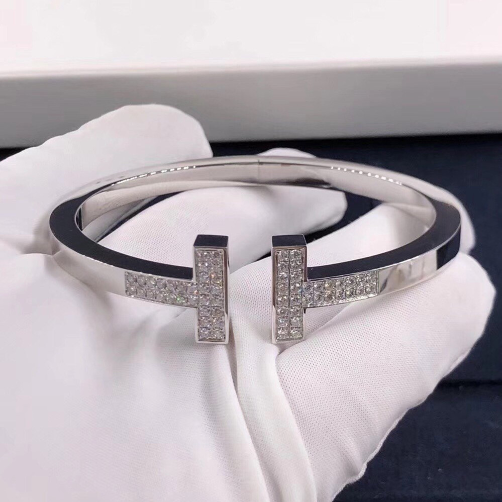 Custom-made Tiffany & co. T Square Bracelet in 18K White Gold set with Pave Diamonds