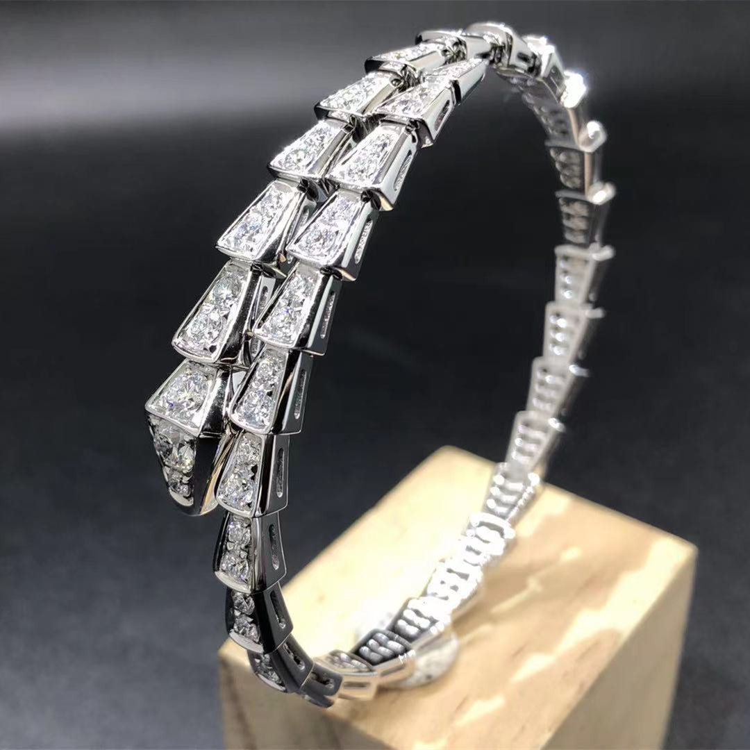 Custom Made Bulgari Serpenti One-coil Bracelet in 18K White Gold and Pave Full Diamonds,Small Model